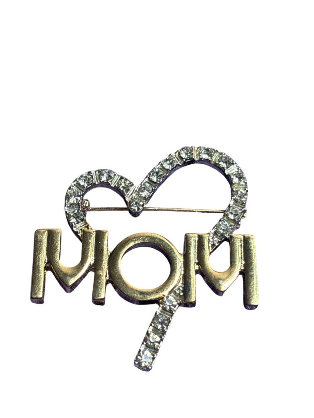 Vintage Mom Heart Brooch Goldtone Clear Rhinestones 1.75 inches